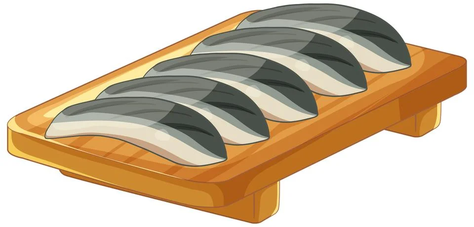 Vector Illustration of Fresh Mackerel Fish Fillets on Wooden Board Stock Illustration