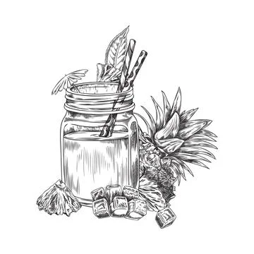 Vector illustration of a fresh pineapple and mango fruit smoothie in a glass jar Stock Illustration