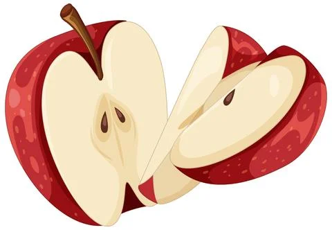 Vector Illustration of a Fresh Red Apple Cut into Halves and Slices Illustrazione stock