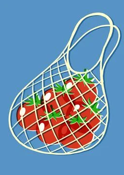 Vector Illustration of Fresh Red Tomatoes in Reusable Mesh Net Bag Stock Illustration