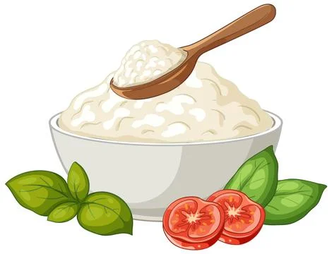 Vector Illustration of Fresh Ricotta Cheese in a Bowl with Basil and Tomatoes Illustrazione stock