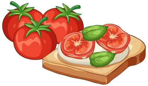 Vector Illustration of Fresh Tomato and Basil Bruschetta on White Background Stockillustratie