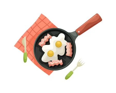 Vector illustration of fried eggs with bacon in a frying pan on a red tablecl Illustrazione stock