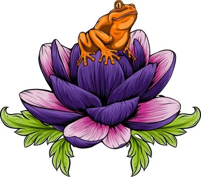 Vector illustration of frog sits on a water lily flower Illustrazione stock