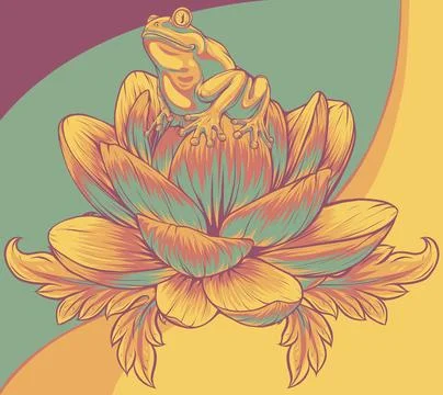 Vector illustration of frog sits on a water lily flower Illustrazione stock