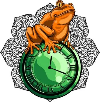 Vector illustration of frog sitting on clock Stock Illustration
