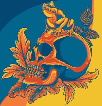 Vector illustration of frog on the skull and leaves Stock Illustration