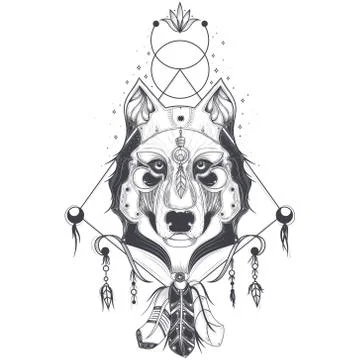 Vector illustration of a front view of a wolf head, geometric sketch of a tattoo Stock Illustration