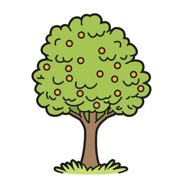 Vector illustration of a fruit tree in a cartoon, outlined style, isolated .. Stock Illustration