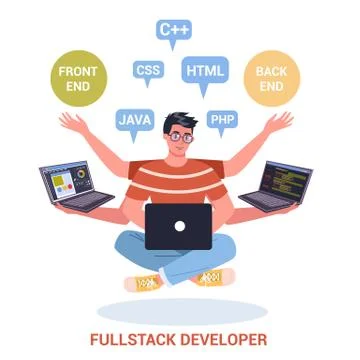 Vector illustration of a full stack developer working on computer. イラスト素材