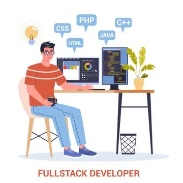 Vector illustration of a full stack developer working on computer. 스톡 일러스트