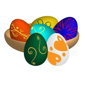 Vector illustration of a fun colored Easter eggs lying on a brown plate Stock Illustration