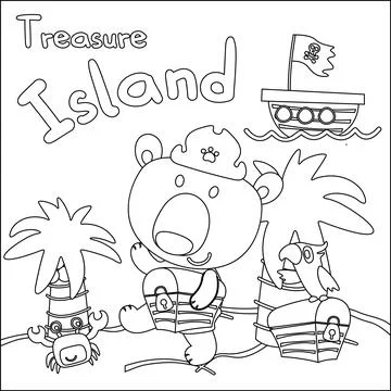 Vector illustration of funny animal pirate with treasure chest, Stock Illustration