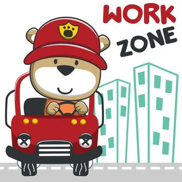 Vector illustration of funny bear firefighter on fire truck. Creative vecto.. Ilustración de archivo