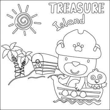 Vector illustration of funny bear pirate with treasure chest, Stock Illustration