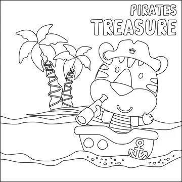 Vector illustration of funny bear pirate with treasure chest, Stock Illustration