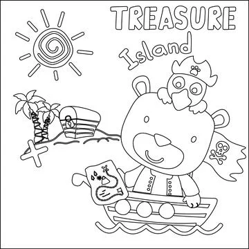 Vector illustration of funny bear pirate with treasure chest, Stock Illustration