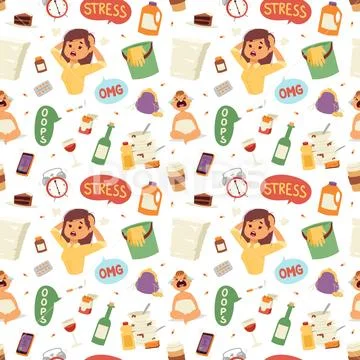 Vector illustration of funny brunette stressed woman seamless pattern vector Stock Illustration
