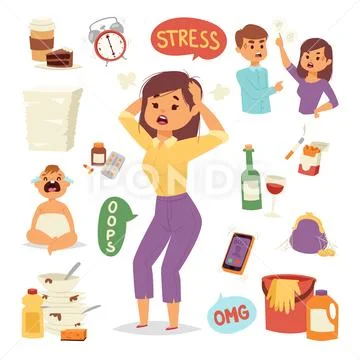 Vector illustration of funny brunette stressed woman with her hands on the head Stock Illustration
