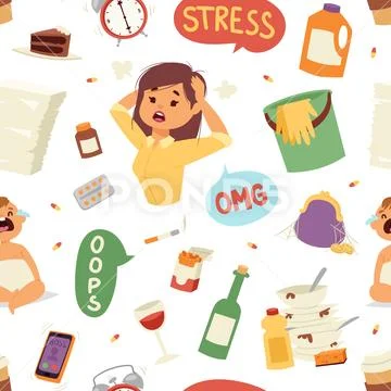 Vector illustration of funny brunette stressed woman seamless pattern vector Stock Illustrationen
