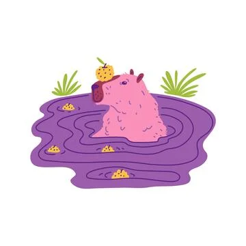 Vector illustration with a funny capybara sitting in the water with a tangerine Stock Illustration