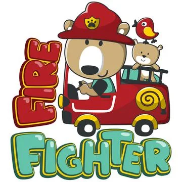 Vector illustration of funny lion firefighter on fire truck. 스톡 일러스트