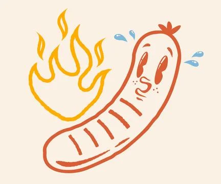 Vector illustration of a funny sausage with flame in retro groovy style. Ca.. Stock Illustration