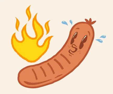 Vector illustration of a funny sausage with flame in retro groovy style. Ca.. Stock Illustration