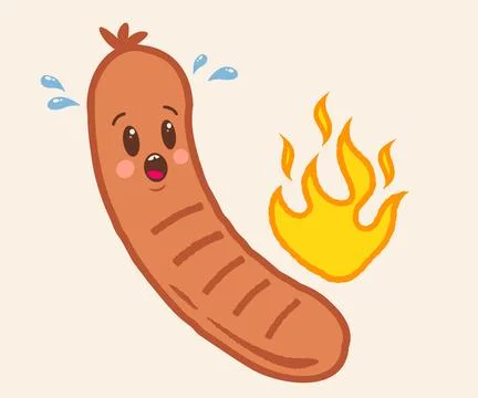 Vector illustration of a funny sausage with flame in retro groovy style. Ca.. Stock Illustration