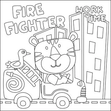 Vector illustration of funny tiger firefighter on fire truck Stock Illustration