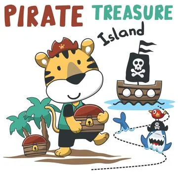 Vector illustration of funny tiger pirate with treasure chest, suitable for.. Stock Illustration