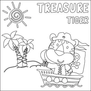 Vector illustration of funny tiger pirate with treasure chest, Stock Illustration