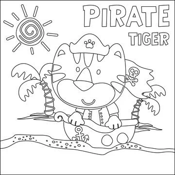 Vector illustration of funny tiger pirate with treasure chest, Stock Illustration