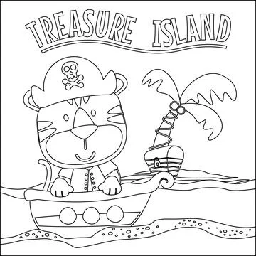 Vector illustration of funny tiger pirate with treasure chest, Stock Illustration