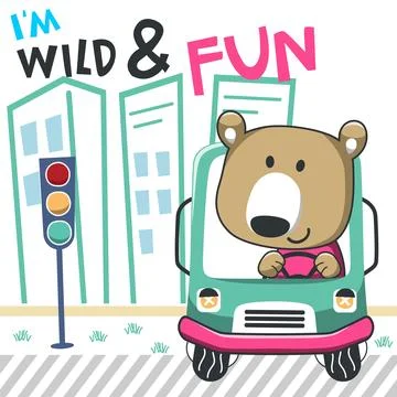 Vector illustration of funy bear driving the green car. Funny background ca.. Stock Illustration