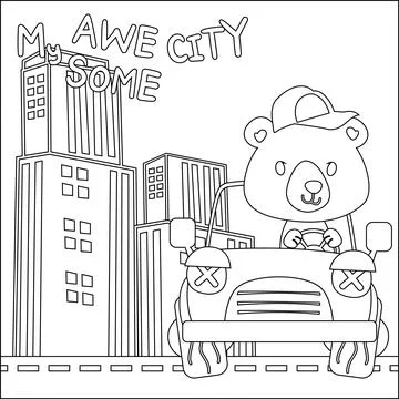 Vector illustration of funy bear driving the white car. Stock Illustration