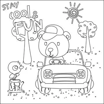Vector illustration of funy bear driving the white car. Stock Illustration