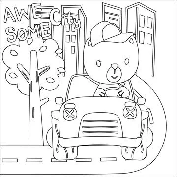 Vector illustration of funy bear driving the white car. Stock Illustration