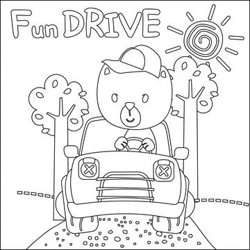 Vector illustration of funy bear driving the white car. Illustrazione stock