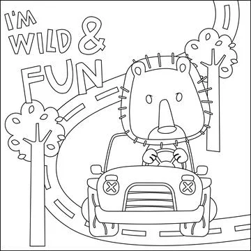 Vector illustration of funy lion driving the white car. Stock Illustration