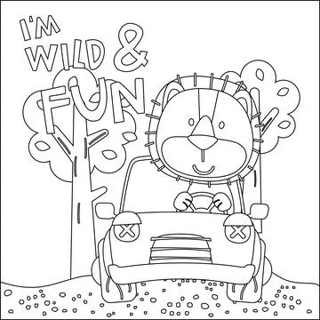 Vector illustration of funy lion driving the white car. Stock Illustration
