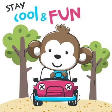 Vector illustration of funy monkey driving the red car. Funny background ca.. Stock Illustration