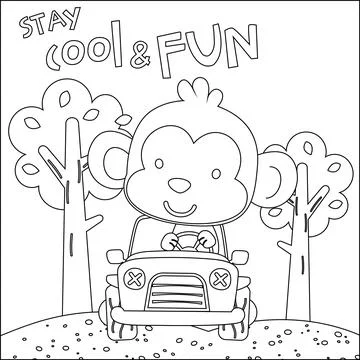 Vector illustration of funy monkey driving the white car. Stock Illustration