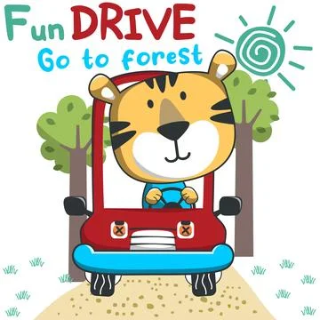 Vector illustration of funy tiger driving the red car. Funny background car.. Stock Illustration