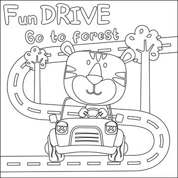 Vector illustration of funy tiger driving the white car. Stock Illustration