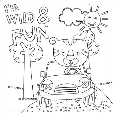Vector illustration of funy tiger driving the white car. Stock Illustration