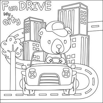Vector illustration of funy tiger driving the white car. Stock Illustration