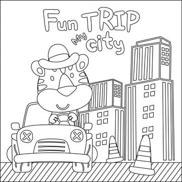 Vector illustration of funy tiger driving the white car. Stock Illustration