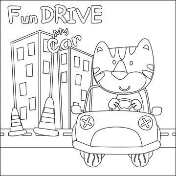 Vector illustration of funy tiger driving the white car. Stockillustratie