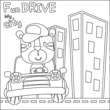 Vector illustration of funy tiger driving the white car. Stock Illustration